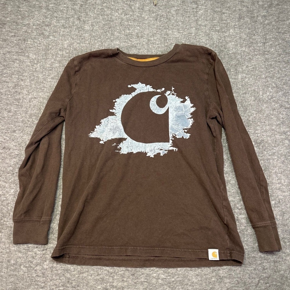 Carhartt Shirt Boys Medium Brown Long Sleeve Graphic Logo Everyday Casual Trendy